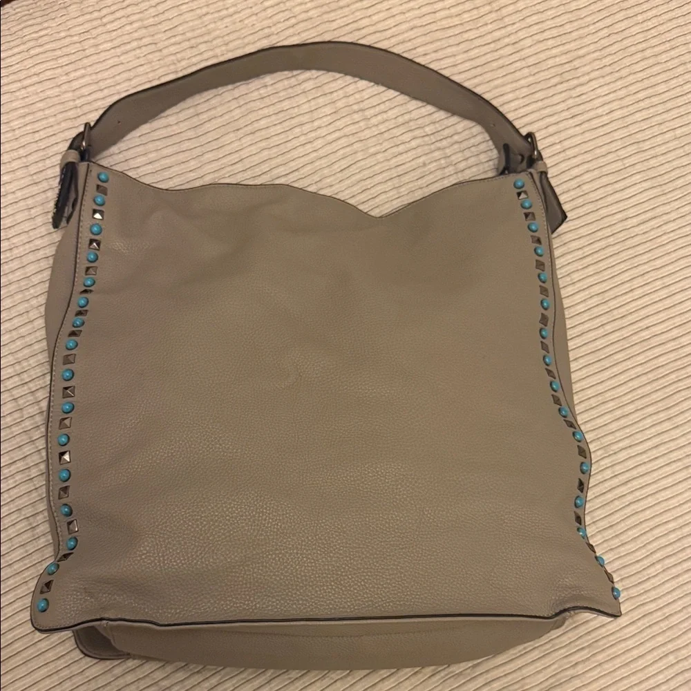 Urban Expressions Gray  Bag with Turquoise & Black Studs & Embroided Strap
